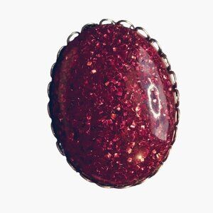 Red Glitter Oval Brooch Pin Vintage Cabochon Jewelry Accessory